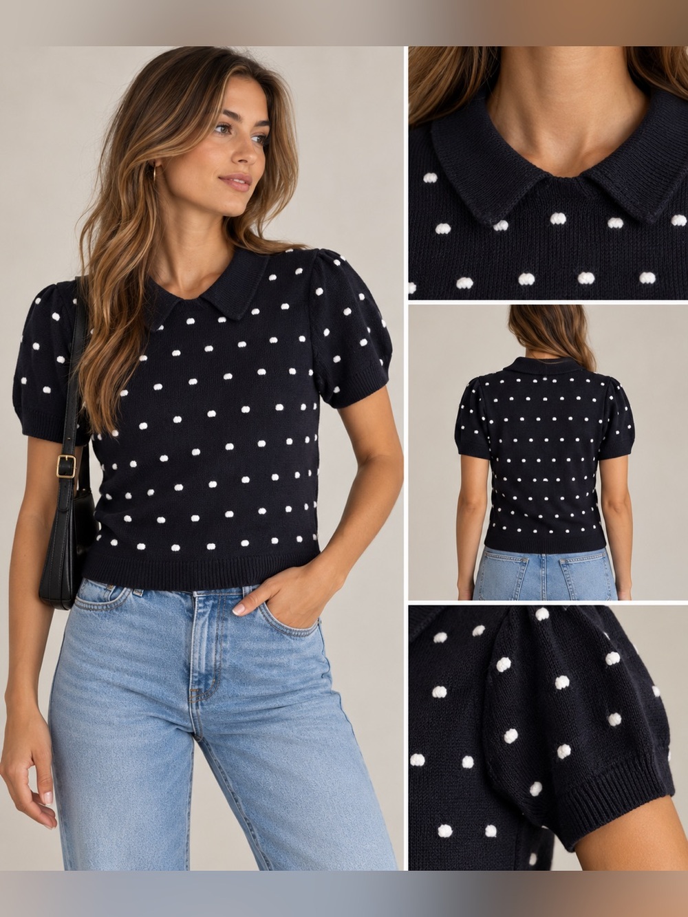 🖤 On-Trend FW2026🖤
CeCe—Black Sweater w/Raised Polka Dots & Peter Pan Collar